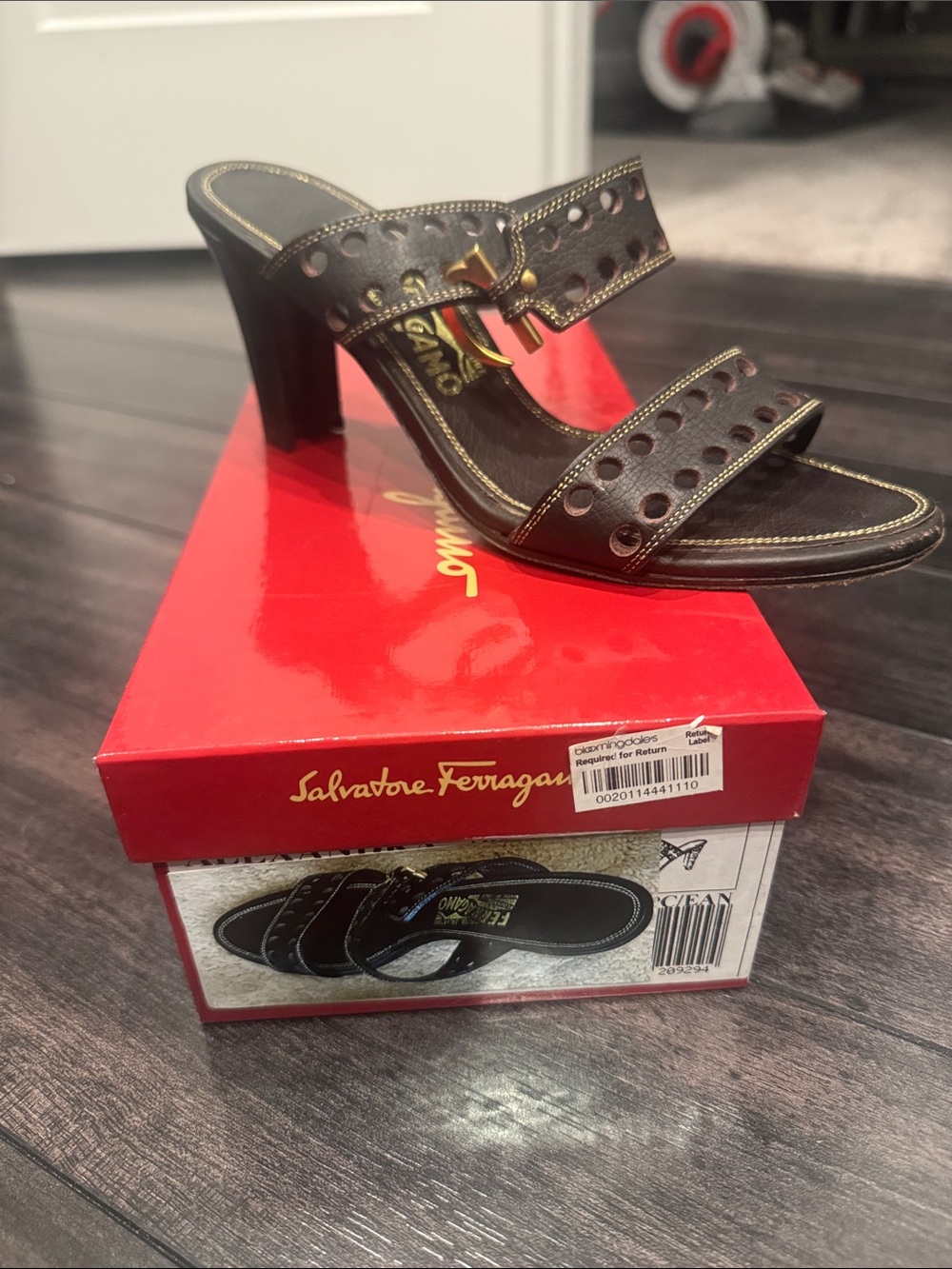 Salvatore Ferragamo Alexandra  Dark Brown Perforated Leather Block Heel Slide